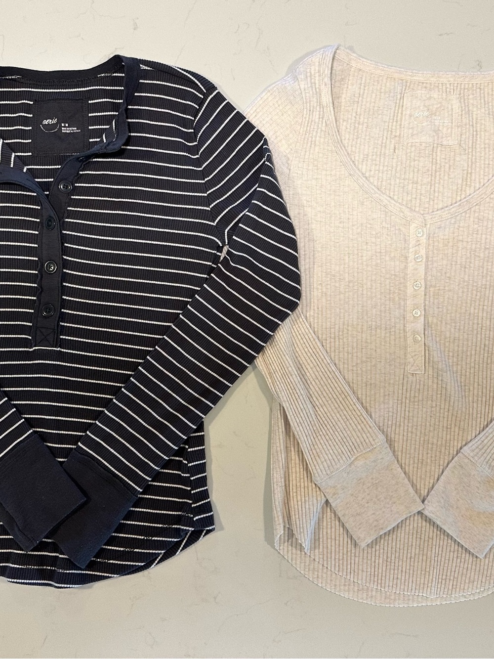 Aerie Grey Ribbed Henley with cream Stripes and oatmeal ribbed Henley